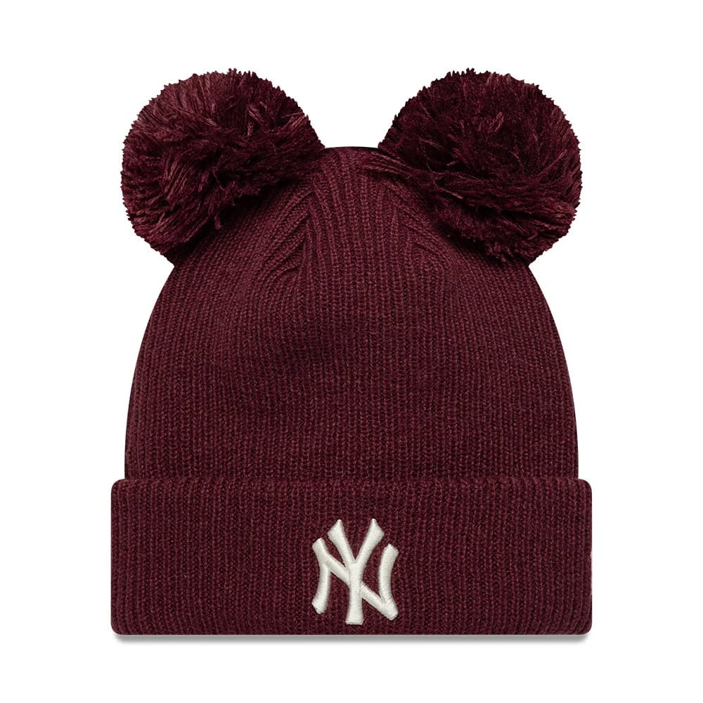 New Era New York Yankees Womens MLB Double Pom Dark Red Cuff Knit Beanie Hat